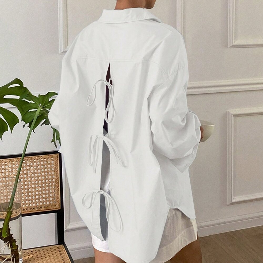 White Casual Women's Loose Long Sleeve Shirt With Collar - Picture 1 of 6